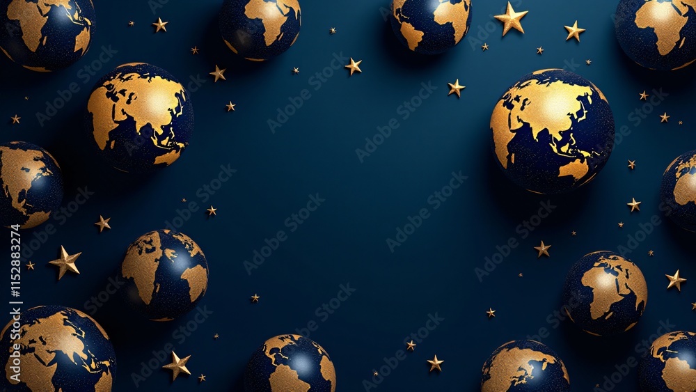 Naklejka premium Gold globes on a navy blue background, metallic details and subtle stars. Elegant design perfect for premium stationery and Earth Day projects.