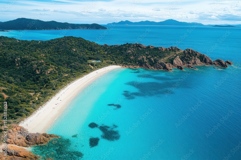 Aerial view of a secluded tropical beach with turquoise water and lush greenery. Aerial view of a secluded tropical beach with turquoise water and lush greenery.