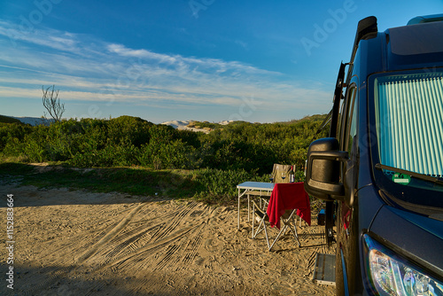 motor home parked in dunes of coastline of Portugal
