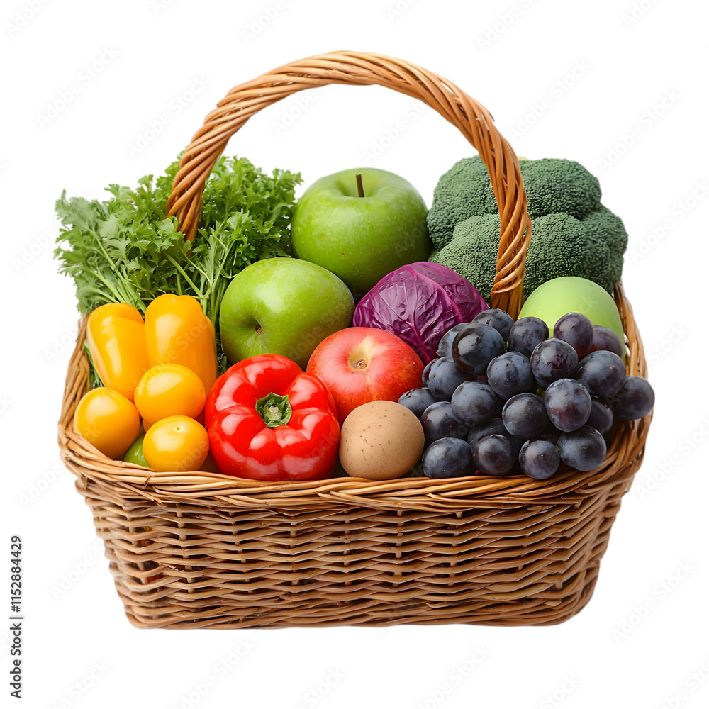 Basket full of assorted fruits and vegetables isolated for healthy food market produce nutrition grocery harvest and natural diet concept illustration Basket full of assorted fruits and vegetables isolated for healthy food market produce nutrition grocery harvest and natural diet concept illustration