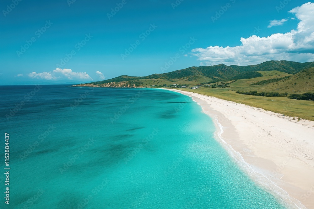 Aerial view of pristine beach with turquoise water and green hills. Aerial view of pristine beach with turquoise water and green hills.