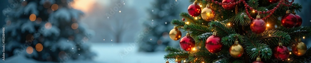 Tall Christmas tree adorned with red and gold balls and ribbons, decorations, tree, winter landscape Tall Christmas tree adorned with red and gold balls and ribbons, decorations, tree, winter landscape