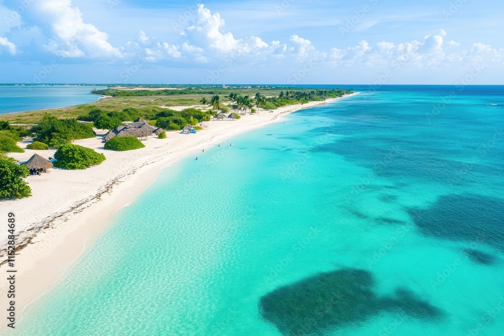 Aerial view of pristine beach with turquoise water and palm huts. Aerial view of pristine beach with turquoise water and palm huts.