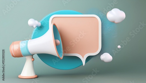 A colorful megaphone with a speech bubble, surrounded by clouds, symbolizes communication and engagement in a modern design.