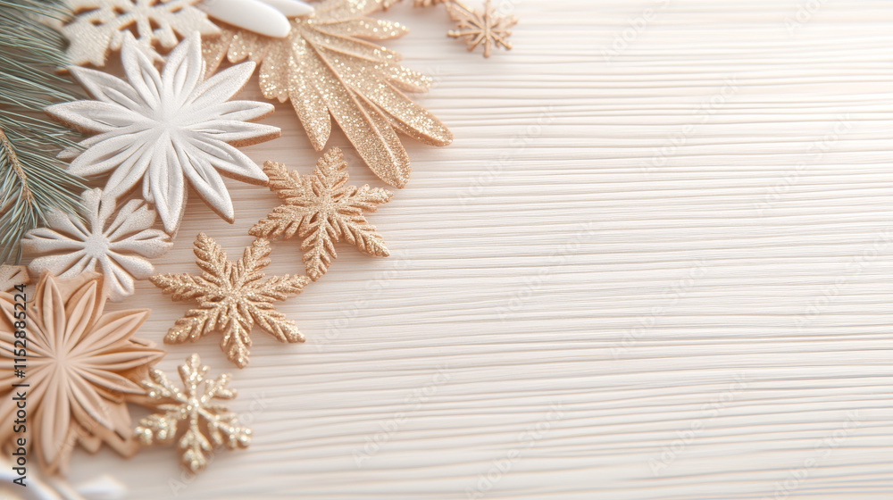 Winter decorations create cozy atmosphere with elegant snowflakes and leaves in soft colors. Perfect for holiday themes and seasonal crafts Winter decorations create cozy atmosphere with elegant snowflakes and leaves in soft colors. Perfect for holiday themes and seasonal crafts