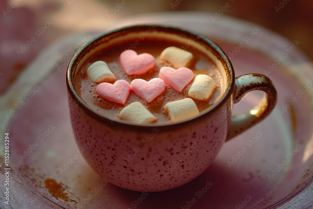 A cup of hot chocolate with marshmallows in the shape of hearts A cup of hot chocolate with marshmallows in the shape of hearts