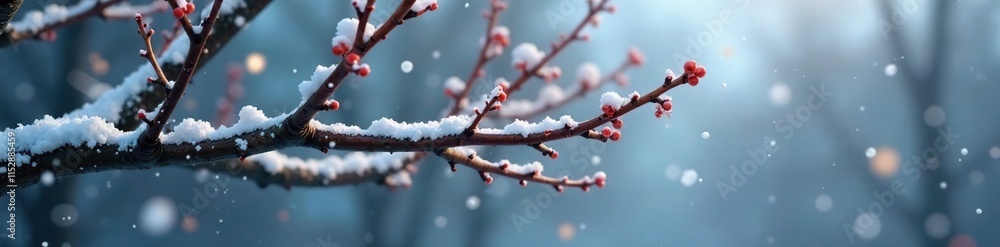 Snowflakes gently falling on a barren tree branch, bare branches, cold weather, snowflakes Snowflakes gently falling on a barren tree branch, bare branches, cold weather, snowflakes