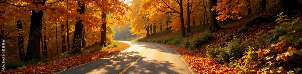 Golden landscape of autumn leaves on winding road, autumn, foliage, path Golden landscape of autumn leaves on winding road, autumn, foliage, path