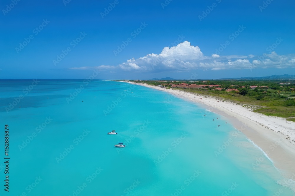 Aerial view of a pristine beach with turquoise water and boats. Aerial view of a pristine beach with turquoise water and boats.