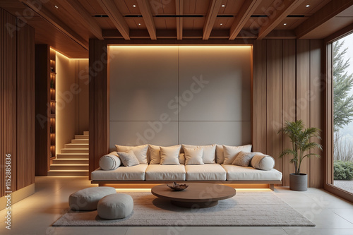 Luxurious Minimalist Living Room in Warm Wood Tones with Ambient Lighting photo