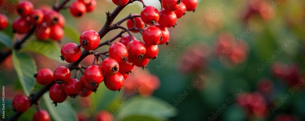 Deep red berry clusters on rose hip bush stems, red berries, wildflowers Deep red berry clusters on rose hip bush stems, red berries, wildflowers
