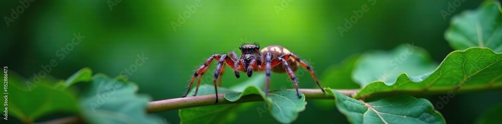 Dark green leafy canopy above a lynx spider's body, purple yam vine, foliage Dark green leafy canopy above a lynx spider's body, purple yam vine, foliage