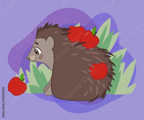 Cute comic hedgehog with apples on spikes vector illustration. Adorable hedgehog cartoon character sitting and looking at red fruit on violet background. Wildlife, animals concept