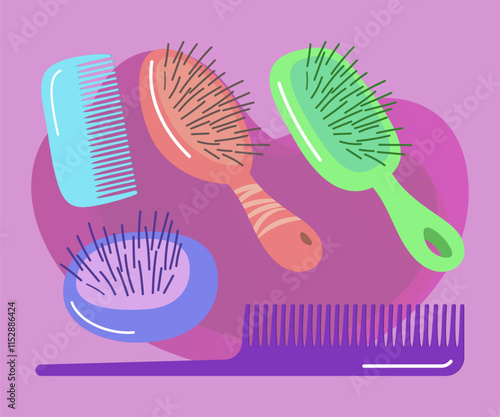 Different combs and hairbrushes vector illustrations set. Cartoon drawings of brushes for hair, hairdresser equipment on abstract background. Beauty, accessories, fashion concept