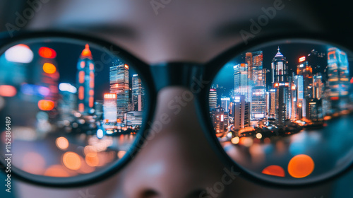 Wallpaper Mural A close up view of persons glasses reflecting vibrant city skyline at night, showcasing colorful lights and lively urban atmosphere. blurred reflections create dreamy effect, enhancing visual appeal Torontodigital.ca