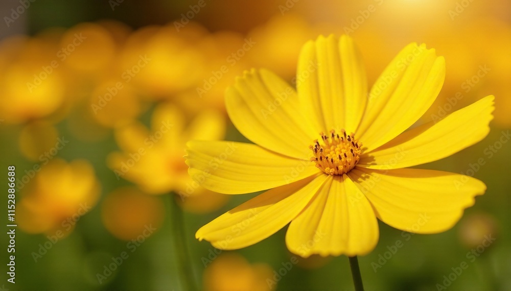 Large yellow cosmos flower against the warm sulfur cosmos background with sunlight and shadows, light, yellow, garden Large yellow cosmos flower against the warm sulfur cosmos background with sunlight and shadows, light, yellow, garden