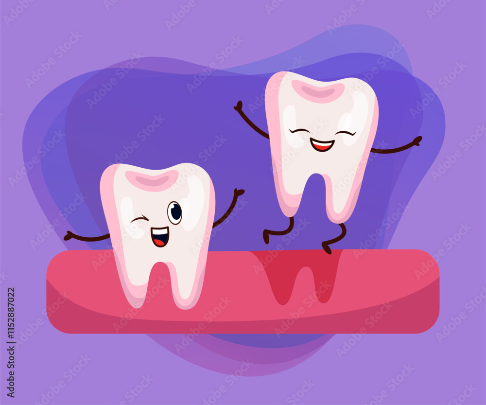 Funny comic milk tooth jumping out of gum vector illustration. Cartoon drawing of cute teeth characters smiling and jumping on violet background. Stomatology or dentistry, health, medicine concept Funny comic milk tooth jumping out of gum vector illustration. Cartoon drawing of cute teeth characters smiling and jumping on violet background. Stomatology or dentistry, health, medicine concept