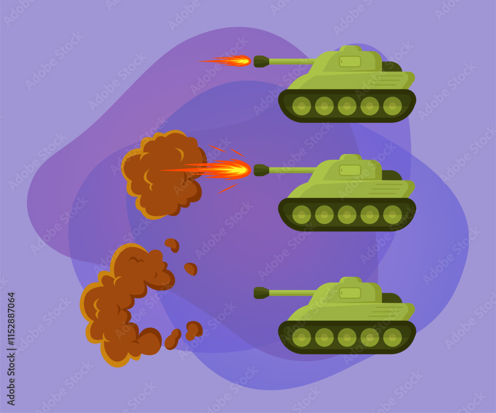 Green tanks in battle vector illustrations set. Cartoon drawings of military transport firing or attacking during combat on abstract background. Army, war, conflict concept Green tanks in battle vector illustrations set. Cartoon drawings of military transport firing or attacking during combat on abstract background. Army, war, conflict concept