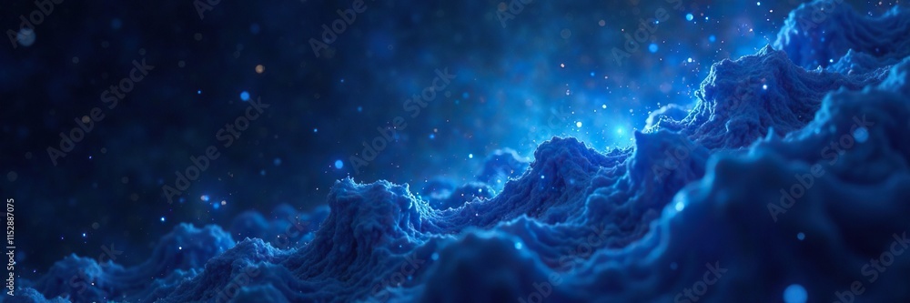 Fototapeta premium Dark space with glowing blue molecules scattered across the background, universe, blue, molecules