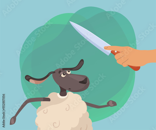 Hand holding knife next to comic sheep vector illustration. Cartoon drawing of domestic animal character looking at knife on abstract background. Food, farming, livestock concept
