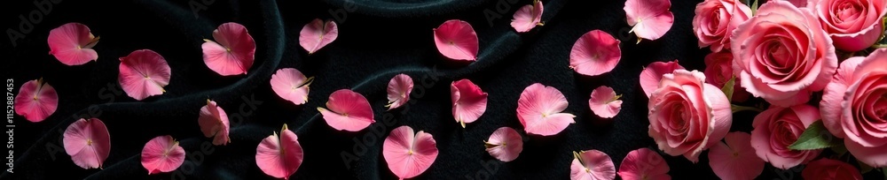 delicate rose petals scattered on black velvet background, white, pink, flowers delicate rose petals scattered on black velvet background, white, pink, flowers