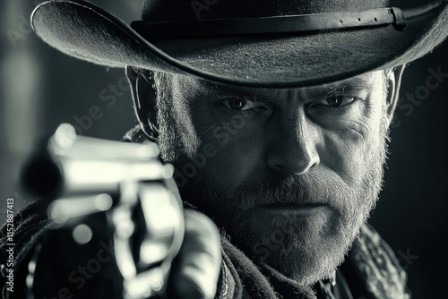 Man in cowboy hat holds a gun, aiming confidently with an intense gaze. Dusty desert backdrop adds a rugged edge to the scene.