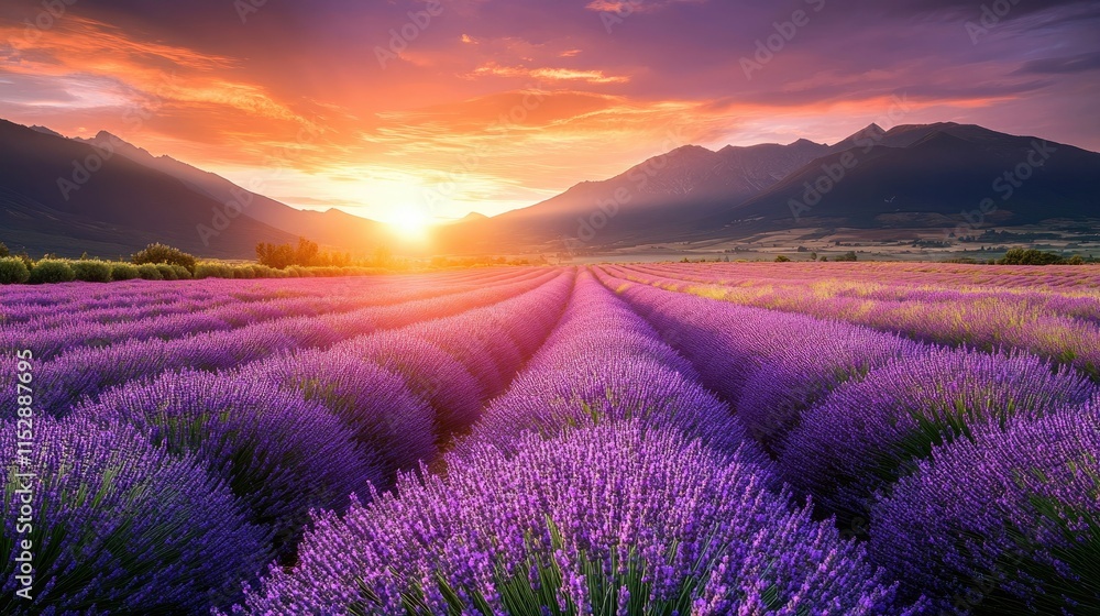 A vibrant lavender field stretches across the foreground, A vibrant lavender field stretches across the foreground,