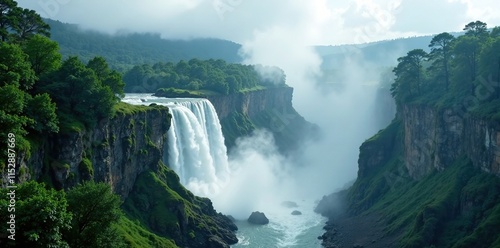 Cloudy sky with misty waterfall flowing through dense forest, cloud, fog, mist
