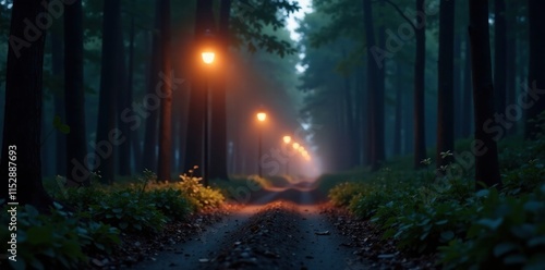 Wallpaper Mural Bokeh streetlights illuminate a quiet forest path, shadowy woods, bokeh lights, forest path Torontodigital.ca