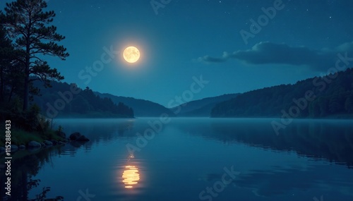 Softly glowing moonlight dances on the lake's surface, casting a serene ambiance, peacefulness, calm, night