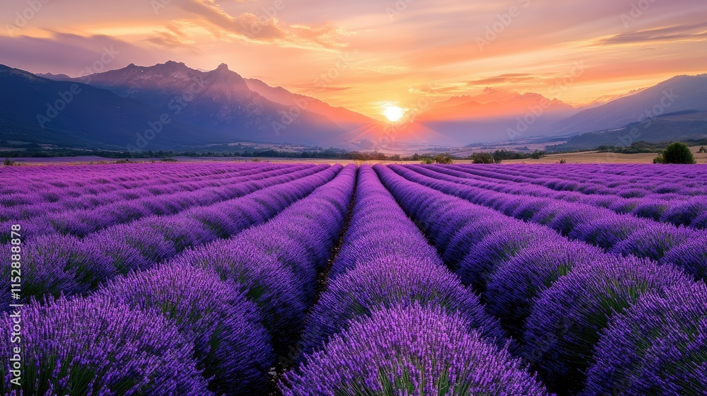 A vibrant lavender field stretches across the foreground, A vibrant lavender field stretches across the foreground,
