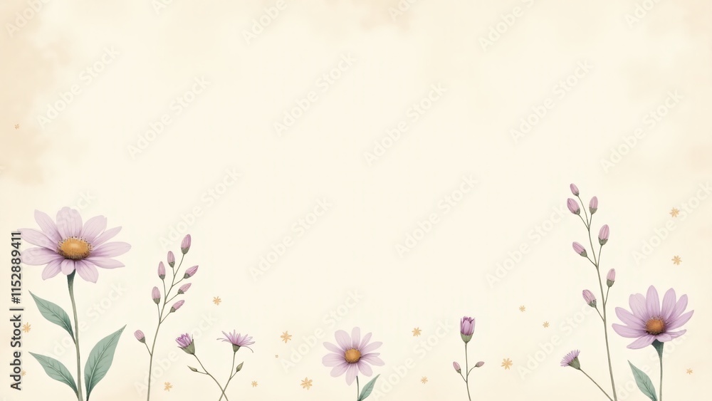 Flores silvestres en tonos pastel dibujadas a mano sobre fondo beige vintage con texturas sutiles. Ideal para papelería y diseños de moda ecológica. Flores silvestres en tonos pastel dibujadas a mano sobre fondo beige vintage con texturas sutiles. Ideal para papelería y diseños de moda ecológica.