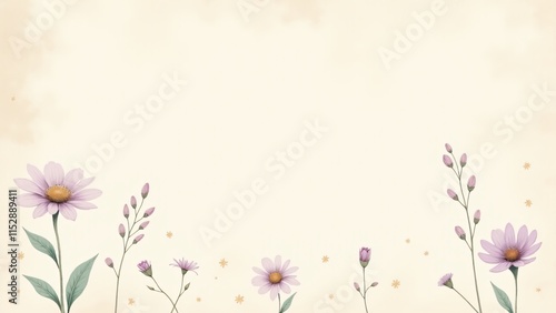 Flores silvestres en tonos pastel dibujadas a mano sobre fondo beige vintage con texturas sutiles. Ideal para papelería y diseños de moda ecológica.