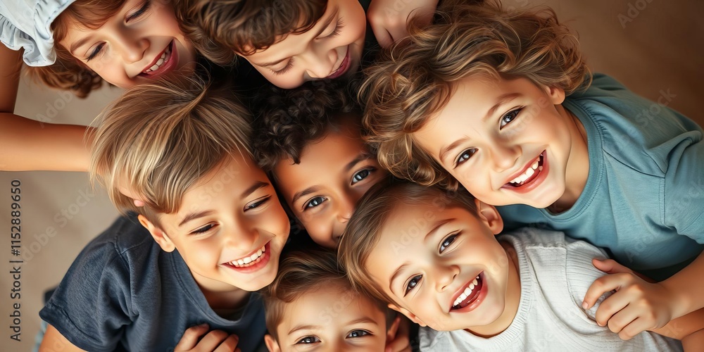 Close up photo of three children with diverse skin tones smiling happily, expression, innocence Close up photo of three children with diverse skin tones smiling happily, expression, innocence
