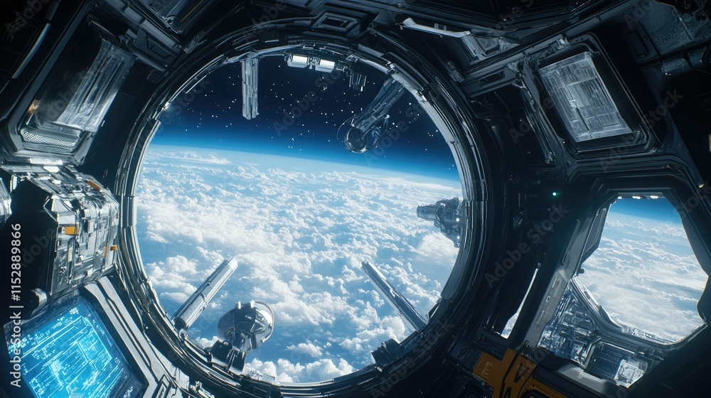 A futuristic spacecraft interior featuring a large window that frames a view of Earth from space. A futuristic spacecraft interior featuring a large window that frames a view of Earth from space.
