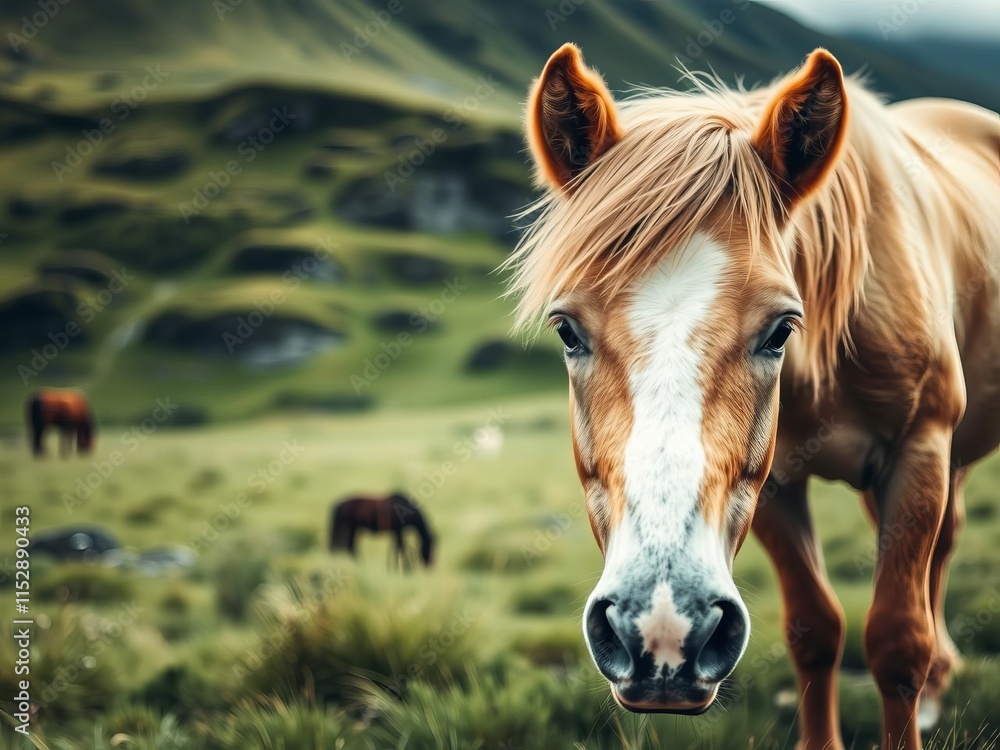 Obraz premium Close up shot of a stunning Icelandic horse grazing peacefully in a lush pasture in Hvalfjardarvegur, nature, close up