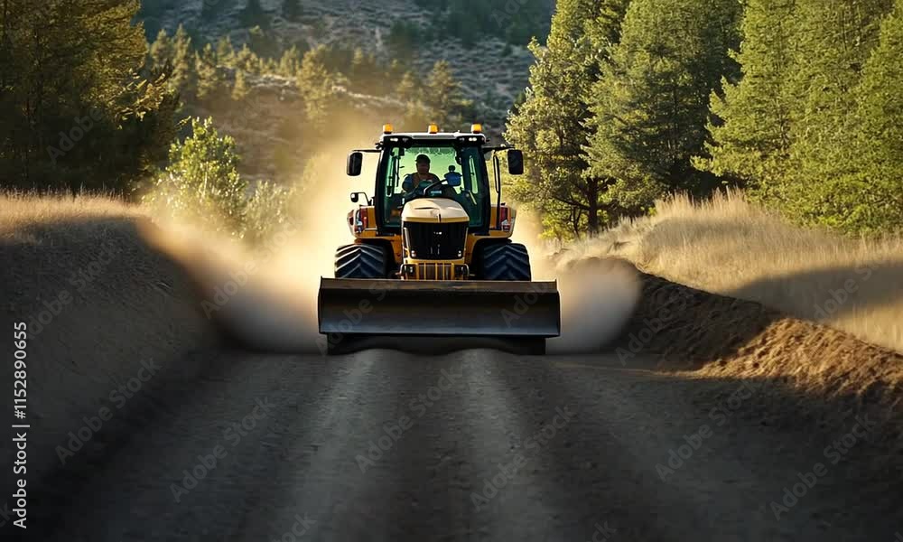 A bulldozer working on a dirt road surrounded by trees in a mountainous area. A bulldozer working on a dirt road surrounded by trees in a mountainous area.
