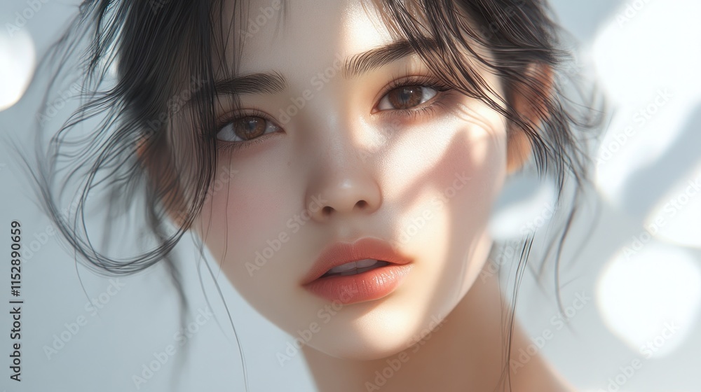 Close up Portrait of Japanese woman with styled hair, with sunlight shining on her face. White background. Ai generated image Close up Portrait of Japanese woman with styled hair, with sunlight shining on her face. White background. Ai generated image