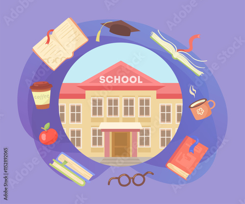 School building and education symbols vector illustrations set. Cartoon drawings of books, graduation hat, glasses, coffee cups on purple background. Education, back to school concept