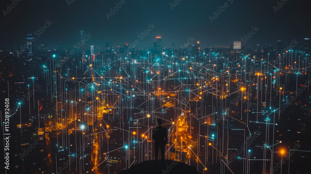 Smart digital city with connection cyber security network reciprocity over the cityscape . future smart wireless digital city and social media networking systems that connects people within the city Smart digital city with connection cyber security network reciprocity over the cityscape . future smart wireless digital city and social media networking systems that connects people within the city