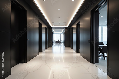 Modern Sleek Office Hallway with Elegant Lighting and Marble Floors