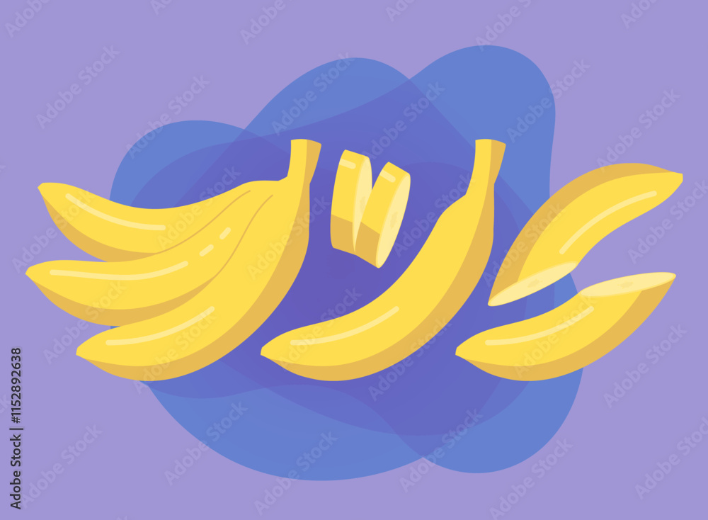 Obraz premium Whole banana and slices vector illustrations set. Collection of cartoon drawings of yellow fruit with peel cut in half on purple background. Food, nutrition, diet concept