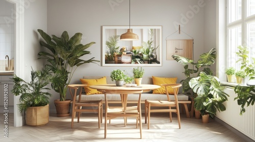 Sunlit dining nook with plants, wooden furniture, and yellow cushions.
