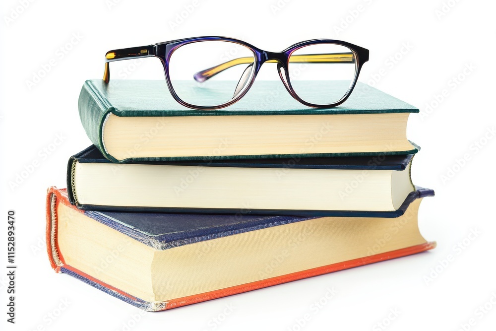 Eyeglasses resting on a stack of three books. Eyeglasses resting on a stack of three books.