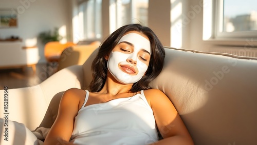 woman lying on sofa with maskes on her face photo