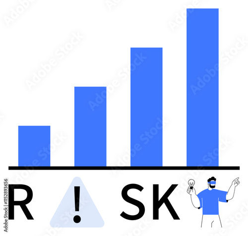 Businessman pointing at a light bulb with increasing blue bar chart labeled RISK and caution symbol. Ideal for business, finance, investment, risk management, innovation, decision-making