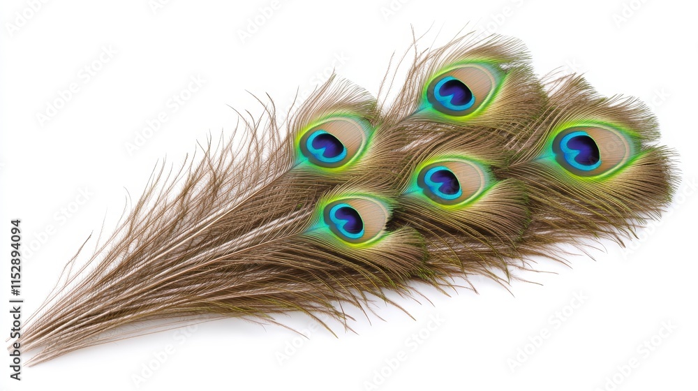 Fototapeta premium A vibrant display of peacock feathers, showcasing iridescent blue and green eye patterns, arranged in a fan-like formation.