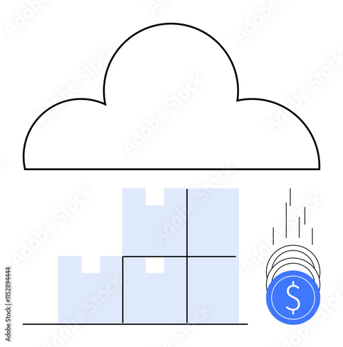 Cloud outline over stacked blocks and falling coins. Ideal for business growth, finance savings, economic efficiency, digital economy, cloud computing, investment, cost reduction. Line metaphor photo