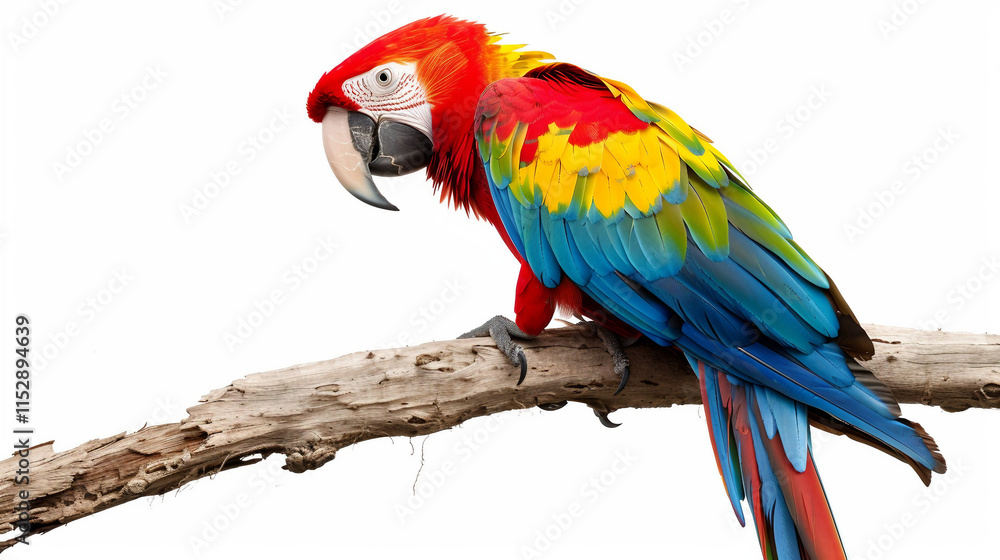 Fototapeta premium Vibrant Parrot Perched on a Branch on white background.PNG