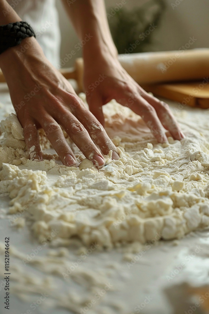 Hands kneading dough on table. Cooking concept. Food preparation. For design, print. Close up view. Hands kneading dough on table. Cooking concept. Food preparation. For design, print. Close up view.